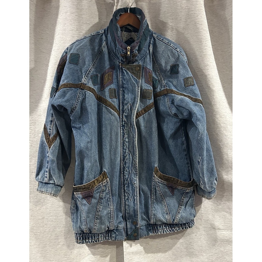 Current Seen Vintage Patchwork Denim Jacket M Leather Trim Boho Retro 80s Style
